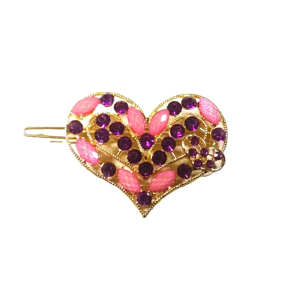 Hair Barrette Heart Pink Purple Rhinestone Gold Tone